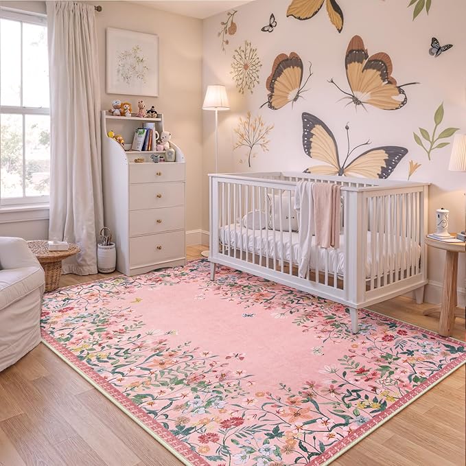 Wonnitar Washable 4x6 Rug, Pink Rugs for Girls Bedroom, Soft Non-Slip Nursery Area Rug, Floral Rugs Kids Room Low Pile Throw Carpet for Dorm Decor (Pink,4'x6')
