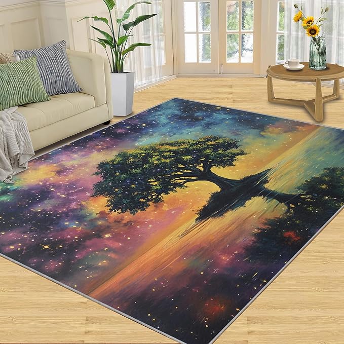 5x8 Tree of Life Kids Rug - Galaxy Tree Dining Room Rug, Dreamlike Starry Sky Area Rugs Indoor Modern Rugs for Bedroom Hardwood Floors Teen Room