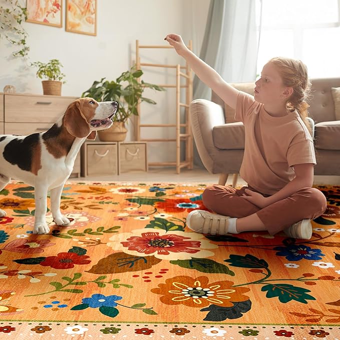 Floral 2x10 Area Rug Machine Washable Soft Print Boho Carpet Non Slip Doormat Low Pile Flower Area Rugs for Living Room Bedroom Nursery Kitchen Dining Room Indoor-Yellow/Orange