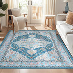 WILLSUN Washable Area Rugs, 6x9 Non-Slip Boho Large Area Rugs for Living Room, Bedroom, Machine Washable Vintage Rug, Indoor Floral Print Carpet for Home Decor, Kid & Pet Friendly Mat