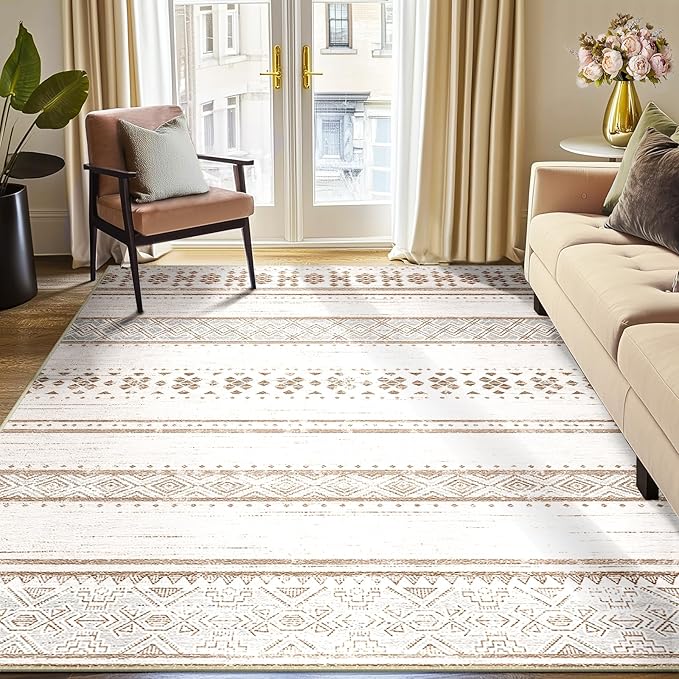 BESTSWEETIE 6x9 Area Rugs for Living Room Washable Moroccan Farmhouse Neutral Geometric Low Pile Non-Slip Soft Print Pattern Rug for Bedroom Kitchen Dining Room Entryway Cream/Brown/Pink