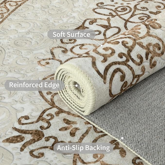 Easy-Going Boho Neutral Area Rug 3x5 Entryway Rug Washable Inside Door Mats for Home Entrance Non-Slip Floral Brown Small Rugs for Entry Living Room Bedroom Kitchen Bathroom Office Lightweight Carpet