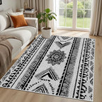 Area Rugs Moroccan for Living Room 4x6, Washable Non-Slip Boho Rug, Neutral Farmhouse Soft Carpet for Bedroom, Kitchen, Dining Room, Entryway, Geometric Print Tribal Carpets, Black and White