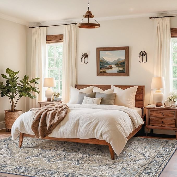 Kokia 6x9 Washable Area Rugs Blue with Vintage Orient Design, Soft Rug for Living Room or Bedroom, Non-Slip Low Pile Stain Resistance Features, Distressed Medallion Pattern