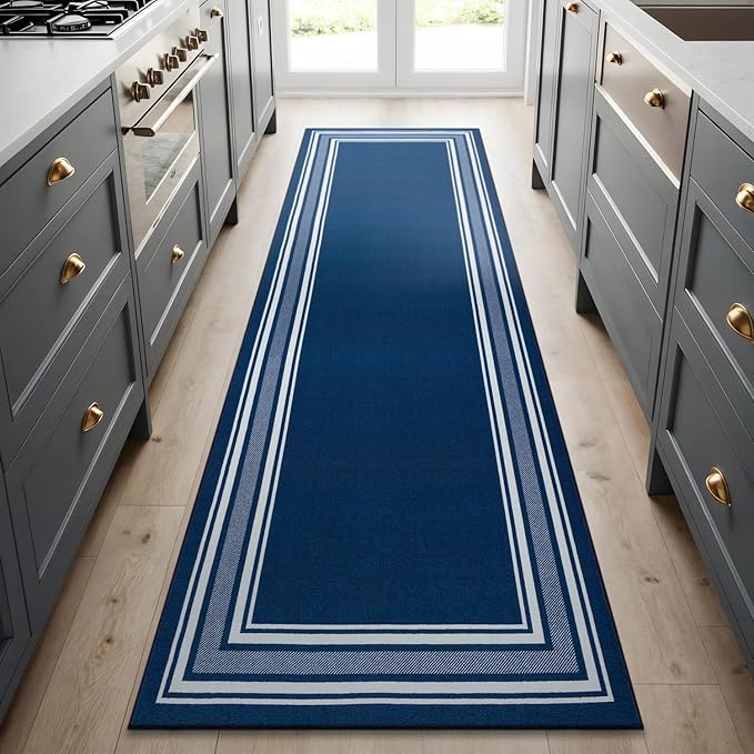 Beverly Rug Non Slip Area Rugs 2x7 Modern Bordered Non Skid Rubber Backing Soft Runner Rug for Living Dining Room Easy to Clean Non Shedding Kitchen Bedroom Indoor Carpet 2 x 7 Navy