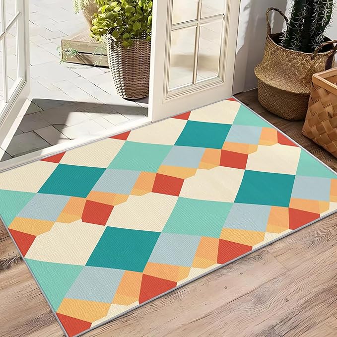 Geometric Rugs for Bedroom - 4x5ft - Colorful Retro Mid Century Modern Rugs for Living Room Non Slip Low Pile Machine Washable Area Rug, Geometric Carpets Home Decor & Gifts