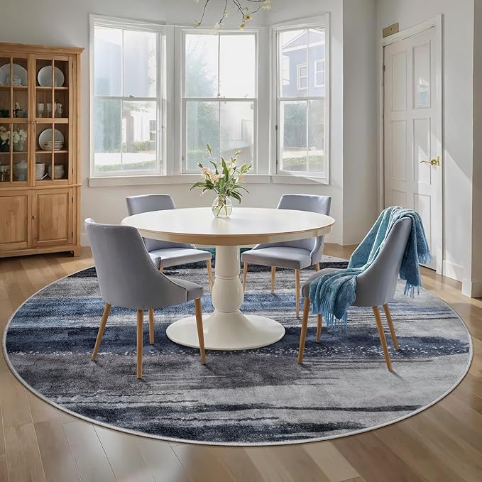 Ciicool 6ft Round Washable Rug, Modern Abstract Circle Rugs, Non-Slip Thin Low-Pile Rug Navy Grey Circular Print Distressed Carpet for Bedroom Living Room Under Dining Table Home Office Decor