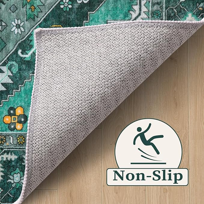 SERISSA Washable Rugs 9x12 Area Rugs, Large Non-Slip Boho Living Room Teal Rug, Ultra Soft Vintage Print Distressed Oriental Tribal Farmhouse Carpet for Dining Room Bedroom Dorm Office Home Decor