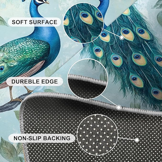 Peacock Rugs for Living Room - 3x4 Rug, Classic Peacock Floral Area Rugs for Bedroom, Teal Turquoise Rug, Modern Style Washable Carpet, Aesthetics Carpet - Peafowl Home Decor & Gifts