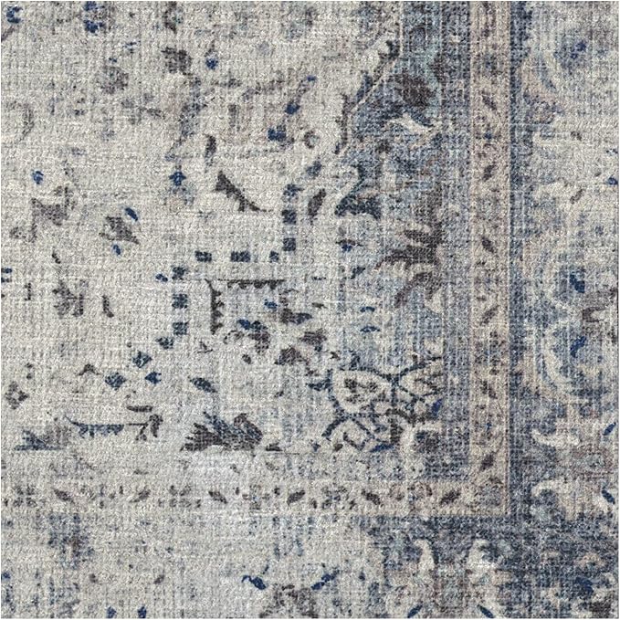RUGGABLE Washable Vintage Area Rug – Sarrah Blue Quartz 6 ft Round, Stain-Resistant, Non-Slip – Medium Machine Washable Rugs for Living Room, Bedroom, Hallway, Entryway & Office–with Cushioned Pad