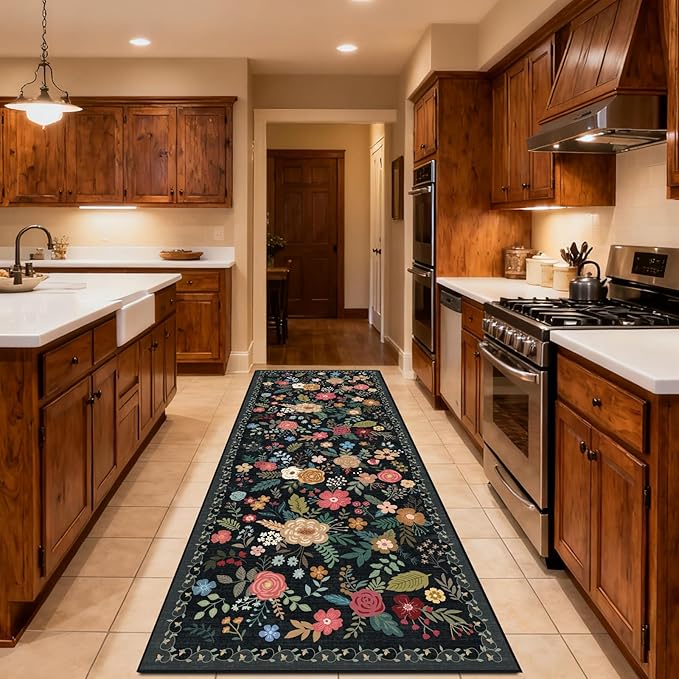 Washable 2'6" x 10' Runners for Hallways, Non Slip Long Floor Runner for Kitchen, Entryway Indoor, Stain Resistant Rubber Backing Floral Décor Rug (Black)