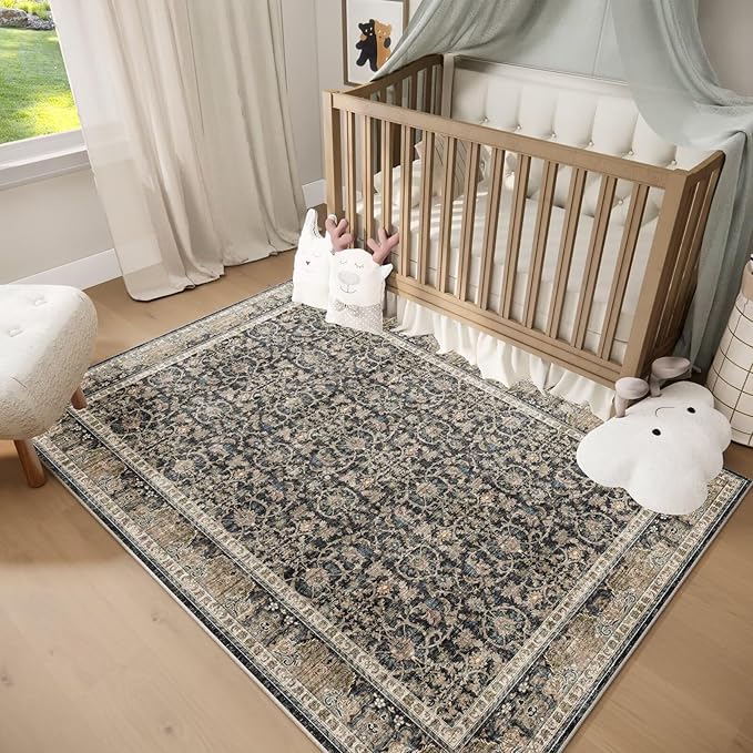 Washable 2x3 Entryway Rug, Boho Non-Slip Door Mat Vintage Distress Small Rugs for Kitchen Nursery Office Bedroom, 0.3" Neutral Oriental Throw Carpet with Cushioning Pad,Flaxen/Brown/Multi