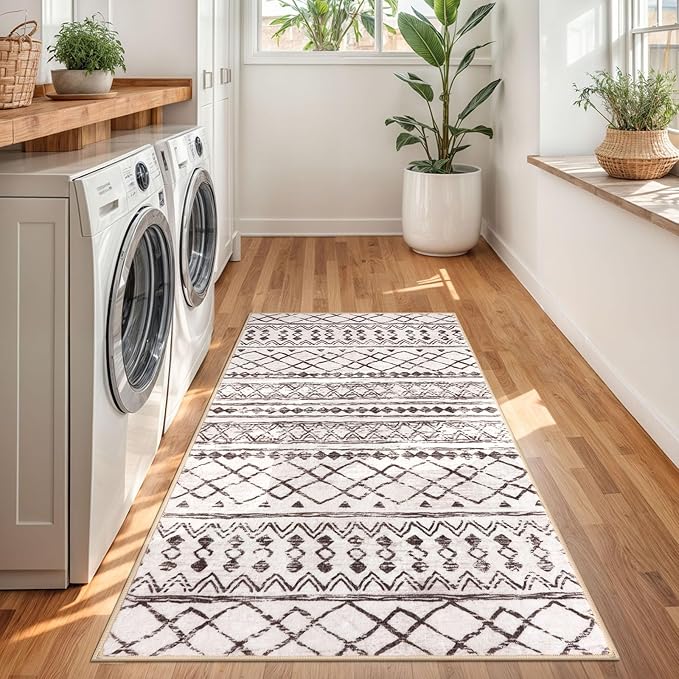 KUTA 3x5 Entryway Rug, Brown Non-Slip Washable Low-Pile Boho Moroccan Living Room Area Rug, Ultra Soft Distressed Geometric Print Throw Carpet for Entrance, Bedroom, Nursery, Dorm, Kitchen