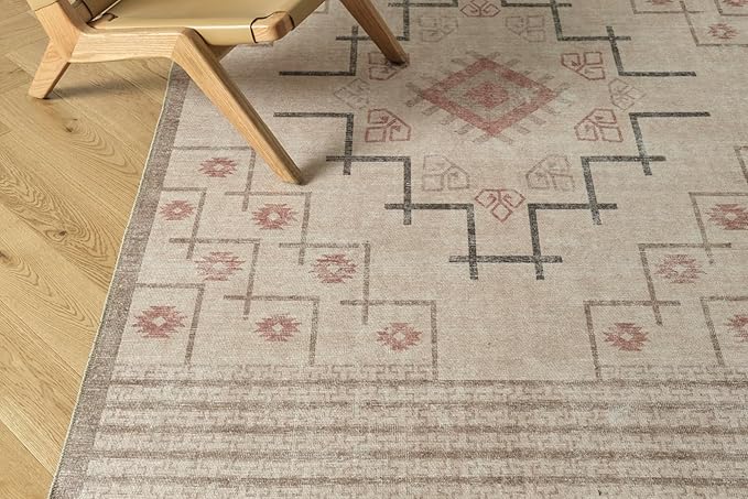 Revival Rugs Funk 5'x8' Zero-Shedding Area Rug for Living Room Bedroom - Oeko-TEX Certified, Low Pile, Spot Clean, Beige, Cream