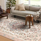 Phantoscope Washable Area Rug 4'x6' Non-Slip, Vintage Boho Rugs for Living Room, Bedroom, Dining Room, Persian Floral Medallion Pattern, Low-Pile Foldable Floor Carpet, Ivory Rose/Fall Bloom