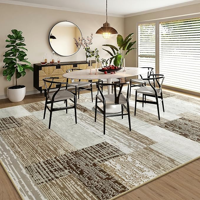 Large Area Rugs,Modern Geometric Patchwork Floor Decor for Bedroom Aesthetic Carpet, Rockwood Collection, Indoor Rugs for Living Room, Dining Room, Nursery, Office, Machine Washable Rug,4x6 Ft Beige
