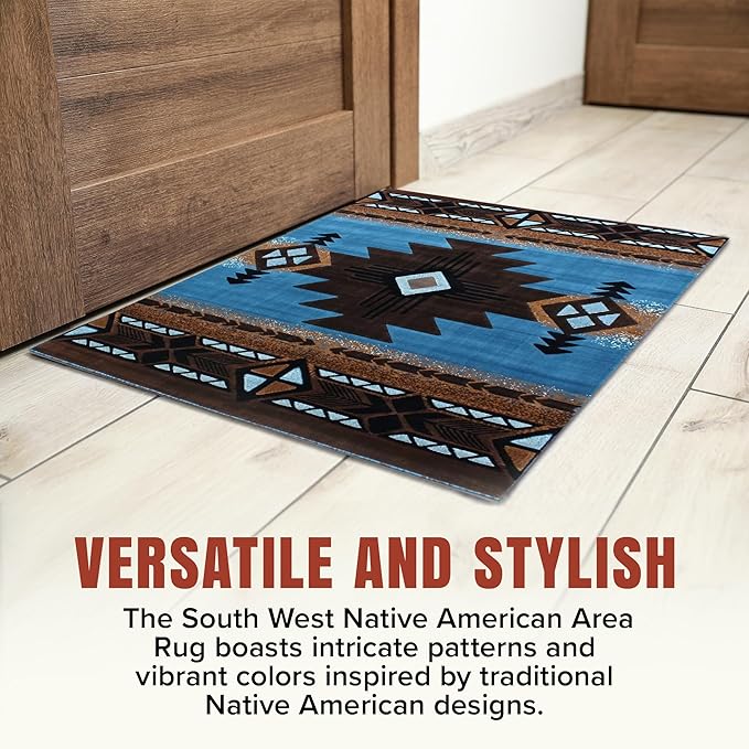 YHSF South West Native American Area Rug C318 - Easy Clean, Thick, Soft, Durable Native Tribal American Indian Inspired Rug for Bedroom/Living Room and More - Blue-Brown, 2 ft 4 in x 10 ft 11 in