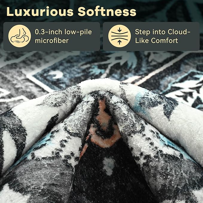 YJ.GWL Area Rugs for Living Room 9x12 Machine Washable Rugs, Non Slip Floral Vintage Rug Indoor Carpet, Stain Resistant Large Rug for Bedroom Dining Room, Black Grey Blue