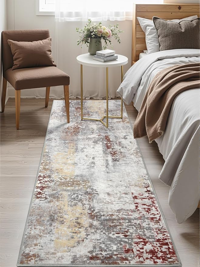 Washable Abstract Runner Rug, 2x6 Modern Area Rugs with Non-Slip Rubber Backed for Kitchen, Thin but Soft Contemporary Carpet Bedroom Entryway Hallway Decor, Rusty Brown