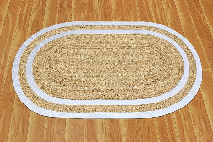 Oval Runner 2x8 Kilim Jute Runner Natural Oval Thick 0.27" Solid Design Beige White Hand Braided Jute Flatweave Mat Handmade Boho Indoor Outdoor Rugs for Kitchen Hallway Enterway