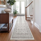 jinchan Hallway Runner Rug 3x7 - Machine Washable Beige Vintage Floral Distressed Design Soft Non-Slip Low-Pile Ultra-Thin Runner Rug for Kitchen Laundry Room Bedroom Farmhouse (3‘x7', Beige)