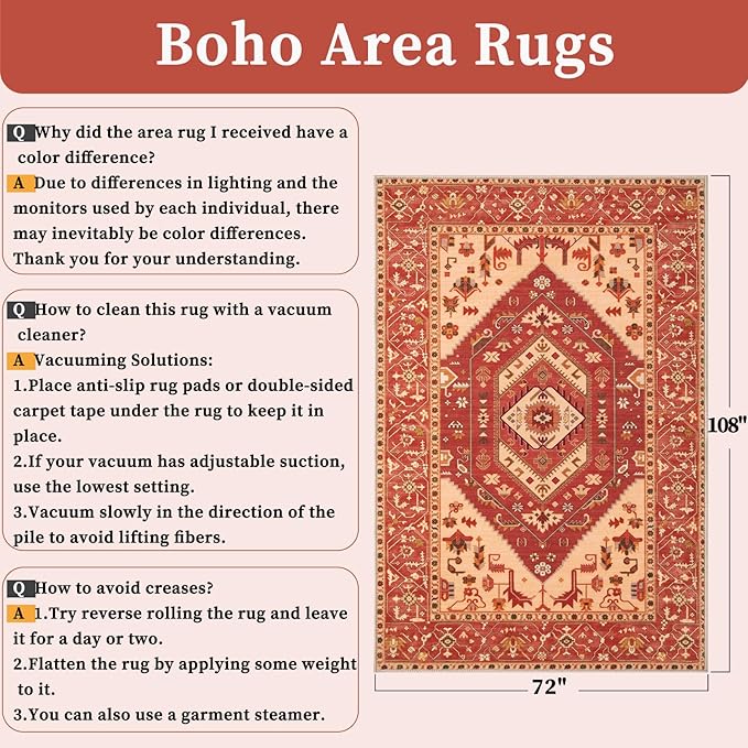 SERISSA 6x9 Area Rugs for Living Room, Large Washable Non-Slip Boho Rug, Ultra Soft Vintage Red Beige Oriental Tribal Print Distressed Carpet for Dining Room Bedroom Dorm Office Home Decor
