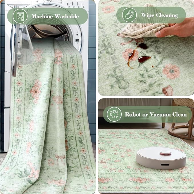 Wonnitar Floral Bow Print Washable Rugs 5x7, Sage Green Rug for Living Room, Ultra-Thin Non Slip Soft Boho Carpet for Dining Room Bedroom Kid Room Playroom, Light Green