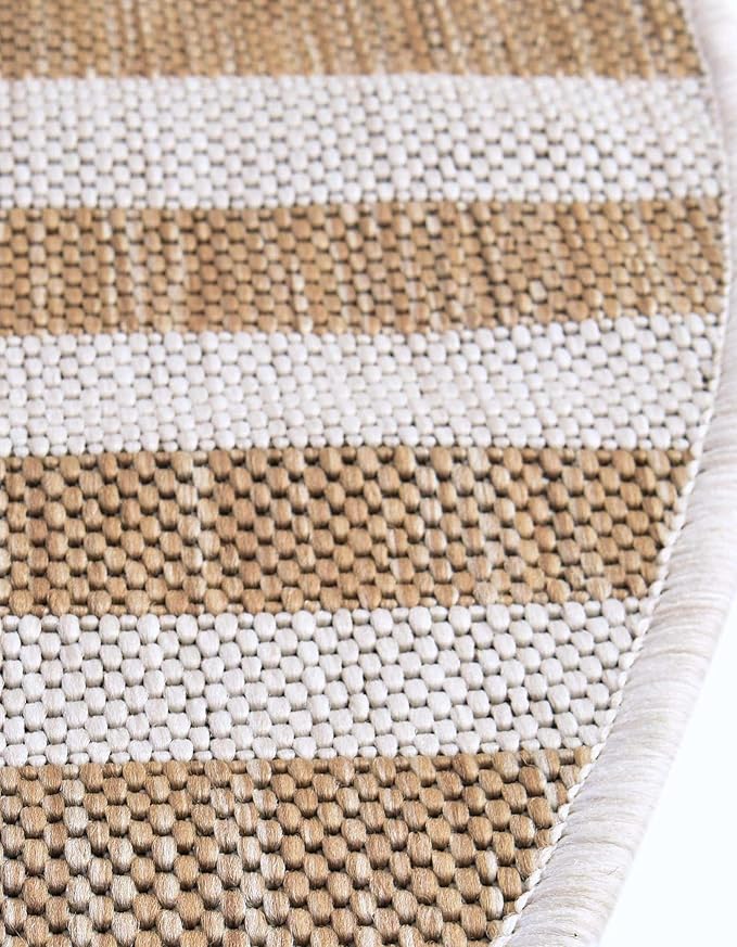 Unique Loom Outdoor Striped Collection Area Rug - Striped (5' 3" Round Taupe/Ivory)
