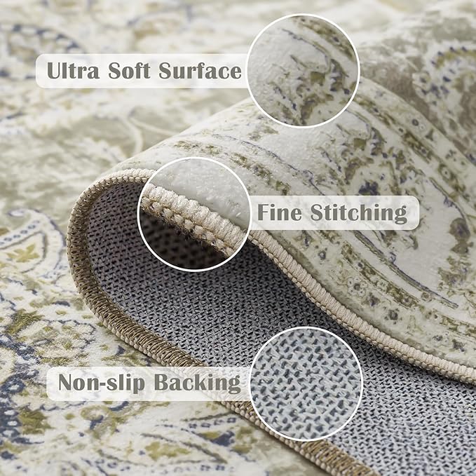 jinchan Fiora Washable Area Rug 4x6 Ultra-Thin Low Pile Non Slip Stain Resistant Soft Faux Wool Floral Rug Distressed Boho Vintage Carpet for Bedroom, Living Room, Kitchen, Nursery(Taupe, 4' x 6')