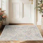 2x3 Floral Washable Area Rugs for Living Room, Vintage Boho Large Rug for Bedroom Dining Room， Distressed Botanical Birds Non Slip Low Pile Forest Animal Throw Carpet for Farmhouse Office, Beige Blue