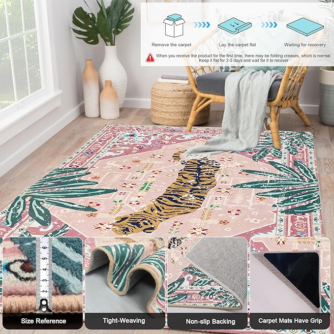 Pink Rug 5x7 Large Washable Animal Print Rug Non-Slip Tropical Jungle Indoor Carpet for Bedroom Nursery Dorm Kitchen Living Room Decor