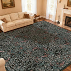 Area Rug for Living Room, 10x12 Large Washable Rugs for Dining Room, Bedroom, Non Slip Stain Resistant Carpet, Low Pile Vintage Floral Rug (Dark Green)