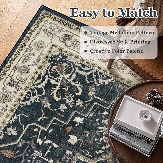 Vintage 5x8 Area Rugs for Living Room Bedroom Non Slip Washable, Dark Medallion Distressed Printed Low Pile Thin Carpet Rugs for Dining Room/Kitchen/Home Office, Midnight/Multi