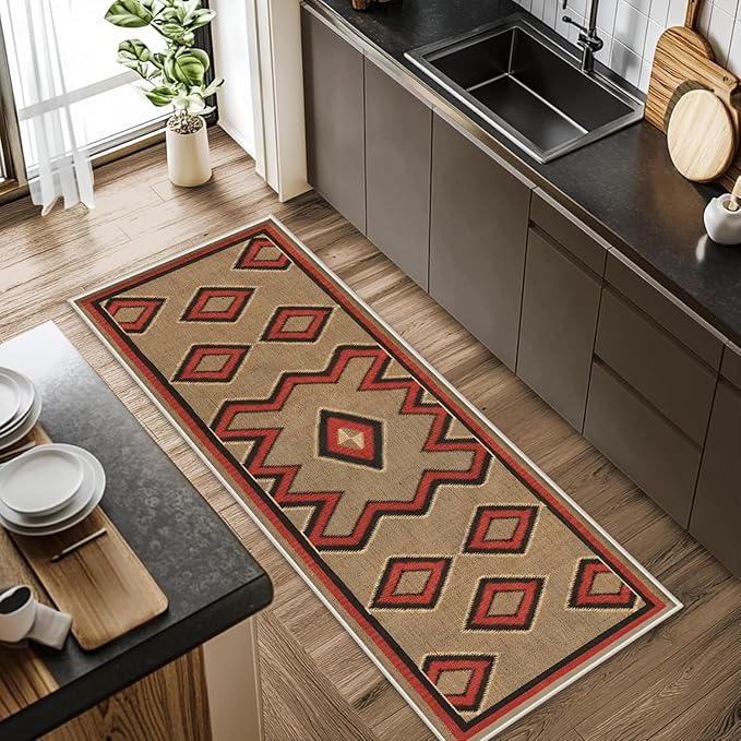 Brown Base Red Black Diamond Runner Rug, 3x8ft Zigzag Pattern Hallway Runner Rug, Corridor & Foyer High-Traffic Area Rugs, Durable Flannel Carpet Non-Slip Mat, Southwestern Home Decor