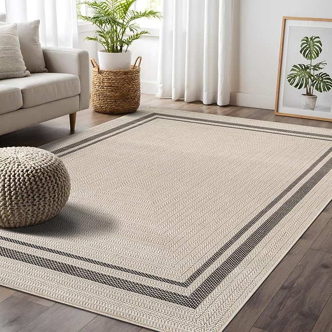 Beverly Rug Easy Jute Bordered Rug 5x7 Washable Durable Indoor Outdoor Area Rugs for Living Dining Room Patio Office Stain Resistant Non Shedding Casual Indoor Outside Carpet 5 x 7 Off-White
