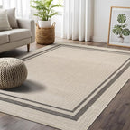 Beverly Rug Easy Jute Bordered Rug 6x9 Washable Durable Indoor Outdoor Area Rugs for Living Dining Room Patio Office Stain Resistant Non Shedding Casual Indoor Outside Carpet 6 x 9 Off-White