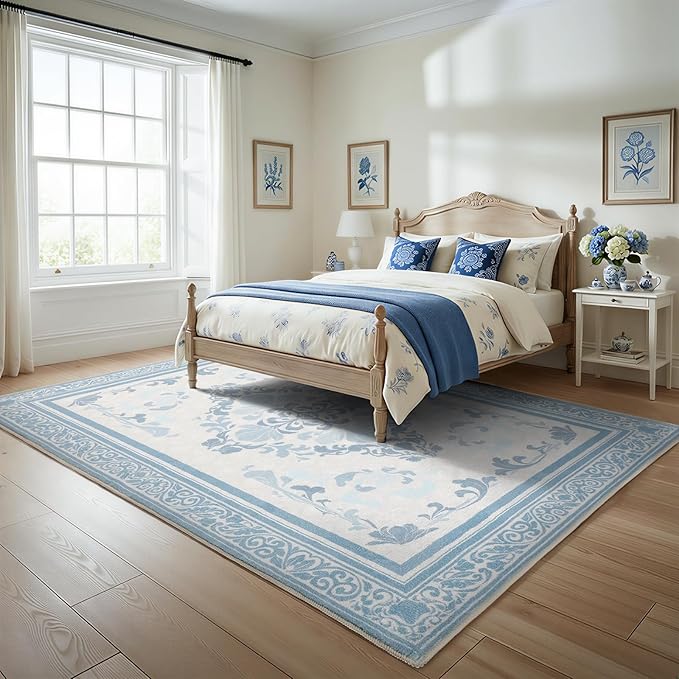 SOULFUL Medium Pile 4x6 Rugs for Living Room - Soft Foot Feel Area Rug - Mist Blue Boho Floral - Washable Non-Slip - Perfect for Bedroom Kids Room Under Dining Table Office