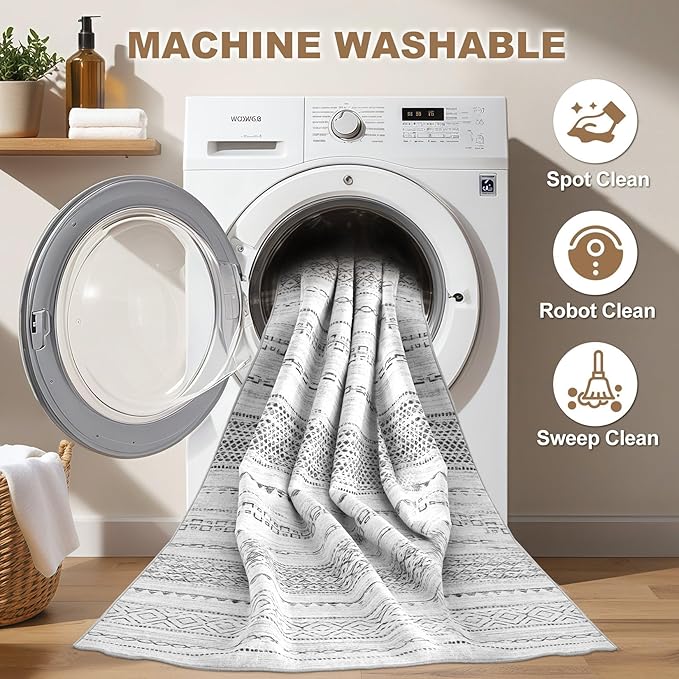 Nakagishi Area Rug Living Room Rugs: 5x7 Machine Washable Boho Large Neutral Farmhouse Stain Resistant Moroccan Indoor Floor Carpet for Bedroom Nursery Dorm Classroom Playroom Dining Room House- Grey