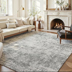 Area Rug 9x12 Washable Rug Light Grey for Living Room, Dining Room, Bedroom, Large Carpets, Non Slip & Non-Shedding Low Pile Vintage Print Rug for Home Office Decor