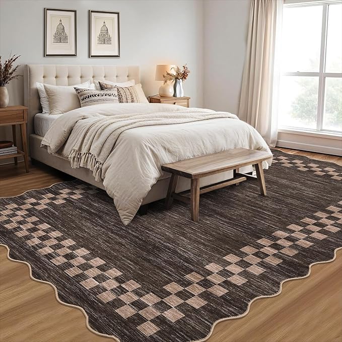 GarveeHome 8x10 Area Rug for Living Room Scalloped Washable Large Bedroom Rug Non Slip Stain Resistant Modern Border Dining Room Throw Carpet Scalloped Boho Rug for Home Decor Office Nursery, Brown