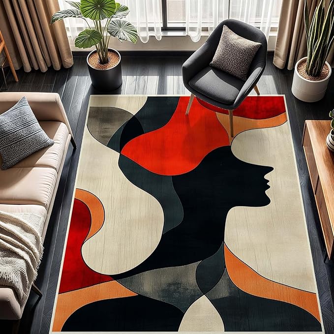 9x11 Abstract Rug, Abstract Area Rug, Geometric Area Rugs, Modern Geometric Rugs, Minimalist Face Carpet, Contemporary Carpet for Living Room, Non Slip & Faux Cashmere Low Pile