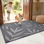 LUMI Indoor Door Mat 36x60, Washable Front Doormat with Welcome Leaf Pattern, Non-Slip Rubber Back Absorbent Mats for Entrance, Patio, Garage, Light Grey
