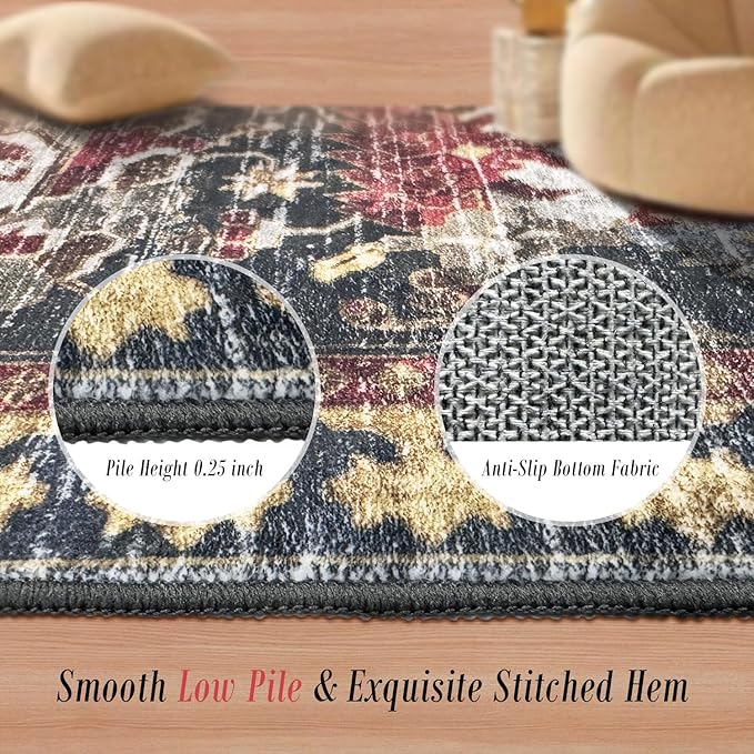 RUGSURE Washable Area Rugs - Perfect for Living Room, Bedroom, Kids Room, Nursery - Stain & Water Resistant Non-Slip, Pet & Child Friendly, Vintage Tribal Area Rugs (Rust, 6' x 9')