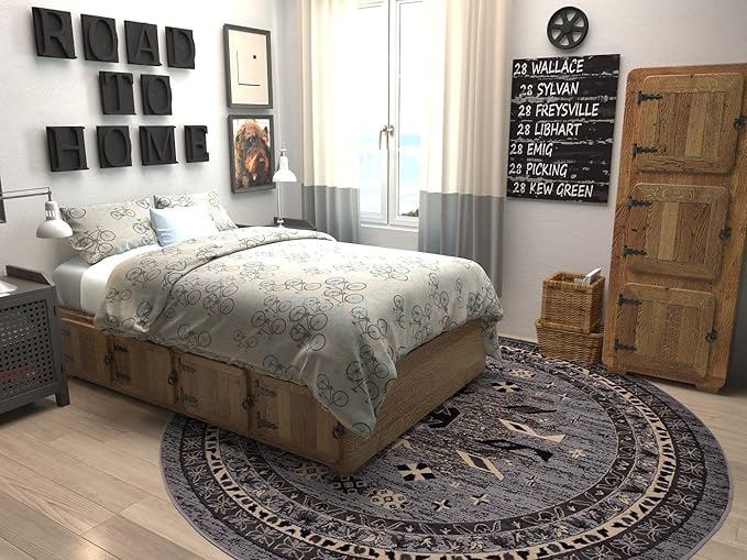 Unique Loom Taftan Collection Border Geometric Tribal Inspired Design Area Rug (8' 0 x 8' 0 Round, Gray/ Black)