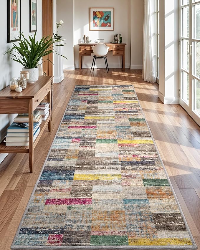 LUMI Washable Rug, 23x87 Kitchen Rugs for Entryway Bathroom, Non-Slip Indoor Door Mat Ultra-Thin, Small Oriental Throw Carpet for Bedroom Entry, Multicolor