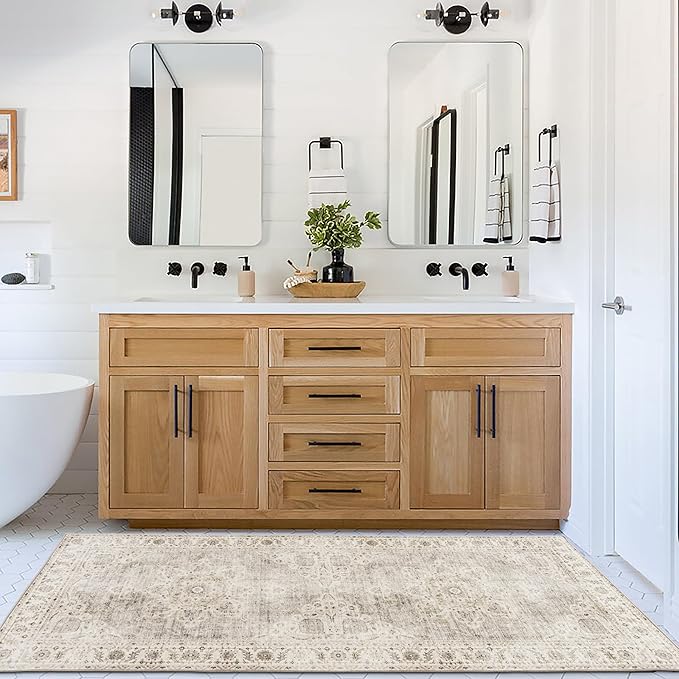 ReaLife Rugs Machine Washable Area Rug Runner - Living Room Bedroom Bathroom Kitchen Entryway Office - Padded Low Pile Stain Resistant Premium - Boho Farmhouse Vintage - Joy - Beige Ivory 2'6" x 10'
