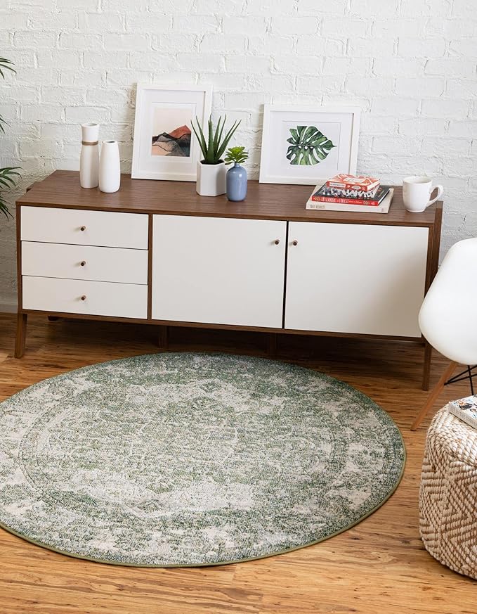 Unique Loom Isabella Collection Area Rug - Adjani (5' 1" Round, Green/ Ivory)