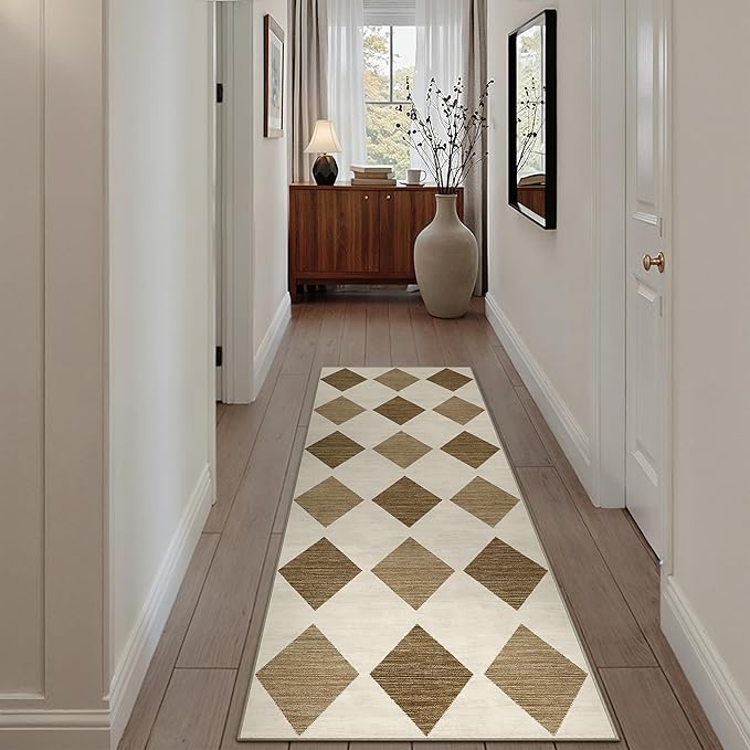 2x8 Runner Checkered Rug for Hallways Brown Washable Long Carpet Non-Slip Low Pile Boho Indoor Accent Throw Rug for Entrance Kitchen Bedroom Dining Laundry