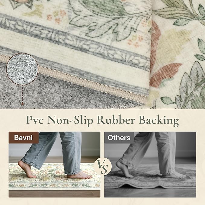 Bavni 8x10 Area Rugs for Living Room, Microfiber Machine Washable Non-Slip Vintage Floral Rug, Low Pile Lightweight Carpet for Bedroom, Dining Room, Home Office, Beige&Green