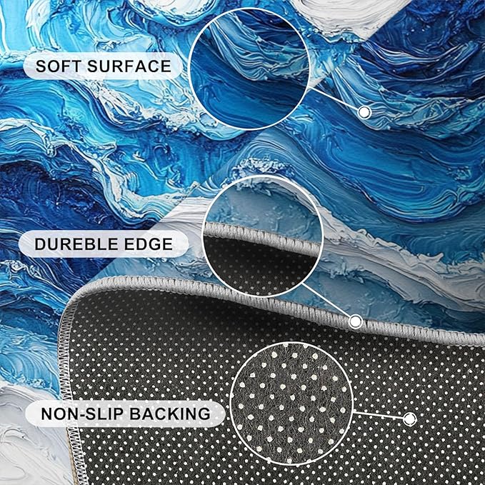 2x3 Ocean Waves Rugs for Entryway - Abstract Waves Small Area Rugs, Abstract Art Laundry Room Carpet Non Slip Accent Throw Rug for Bathroom Kitchen Sink Front Door